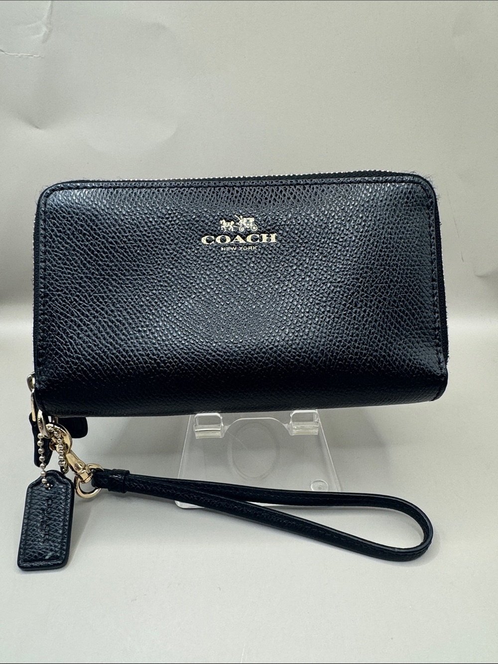 Coach Black Pebbled Leather double  Zip Wristlet with Gold Hardware